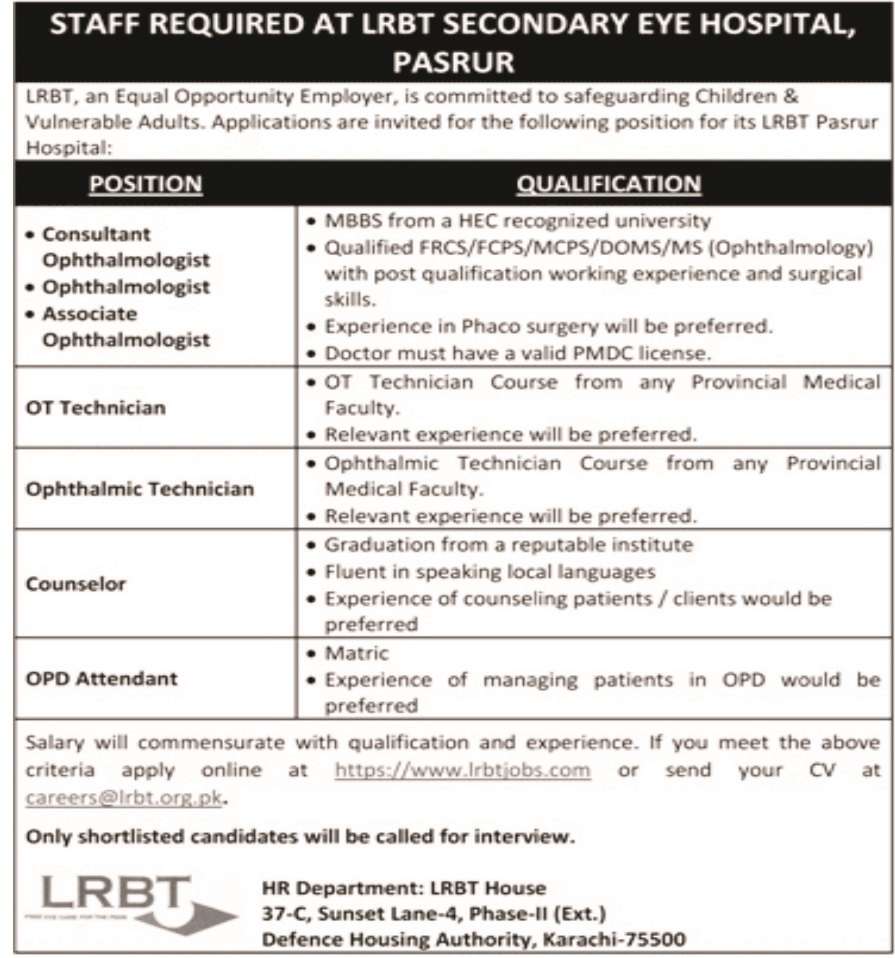 Staff Jobs in LRBT Secondary Eye Hospital Lahore